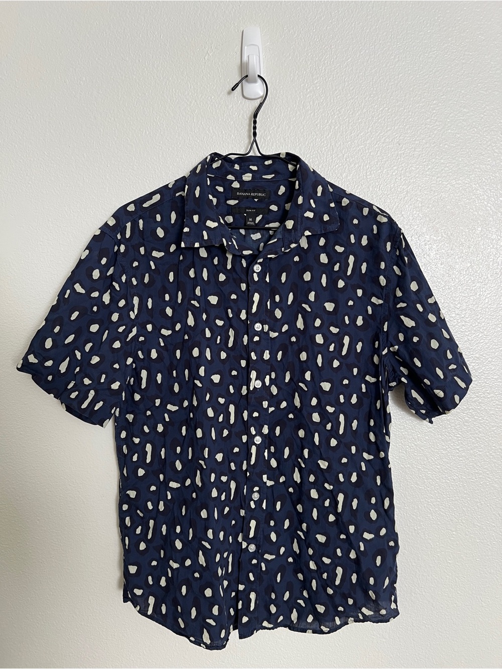 Banana Republic Navy Short-Sleeve Button-Down with Leopard Print